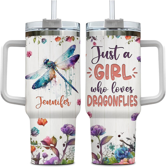 Dragonfly Lover Tumbler 40oz with Handle & Straw – Personalized Stainless Steel Travel Cup with Lid – Artistic Gift for Nature Lovers