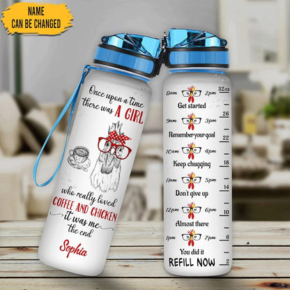 Chicken & Coffee Water Bottle Tracker 32oz – Personalized Motivational Hydration Bottle with Time Marker – Fun Gift for Chicken Lovers