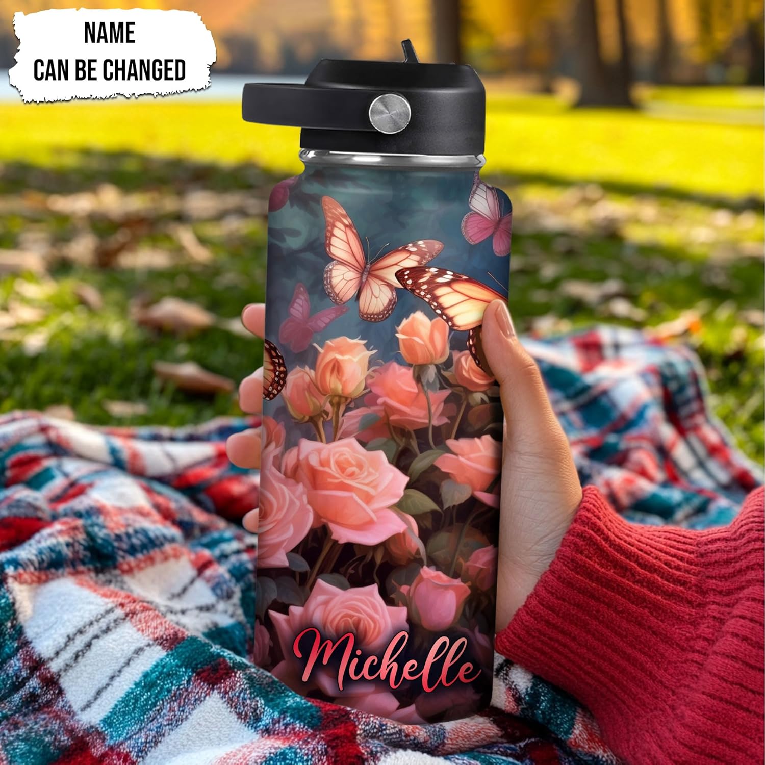 Black and White Floral Skull Travel Insulated Stainless Steel Bottle with Leak-Proof Lid 32oz - Personalized Skull Lover Gift