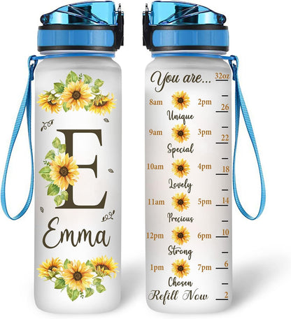 Sunflower Initial Water Bottle Tracker 32oz – Personalized Birthday Gift for Women & Sunflower Lovers