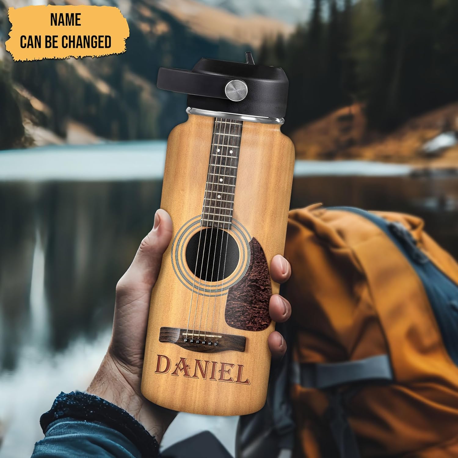 Acoustic Guitar Water Bottle 32oz – Personalized Stainless Steel Insulated Bottle with Leak-Proof Lid – Stylish Gift for Music Lovers