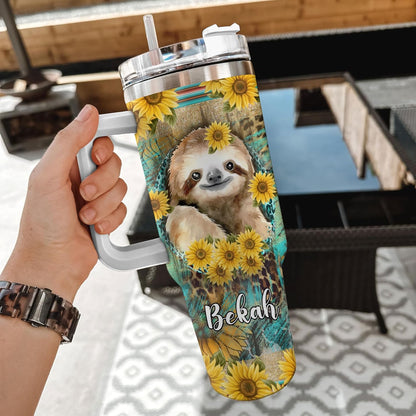 Sunflower Sloth Tumbler 40oz with Handle & Straw – Personalized Stainless Steel Insulated Travel Cup with Lid – Cute Gift for Sloth Lovers