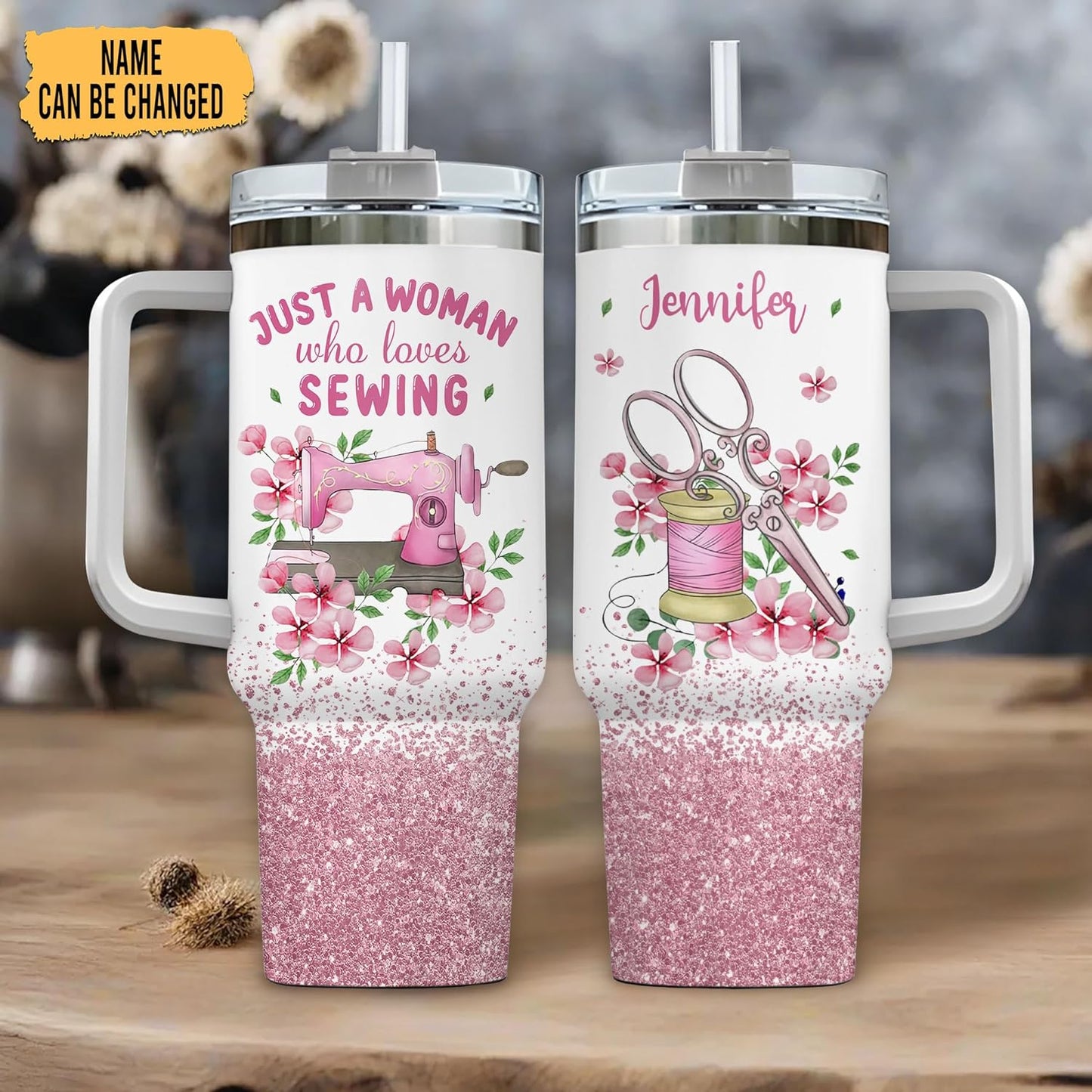 Pink Sewing Tumbler 40oz with Handle & Straw – Personalized Stainless Steel Insulated Travel Cup with Lid – Creative Gift for Sewing Lovers