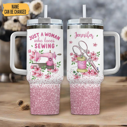 Pink Sewing Tumbler 40oz with Handle & Straw – Personalized Stainless Steel Insulated Travel Cup with Lid – Creative Gift for Sewing Lovers
