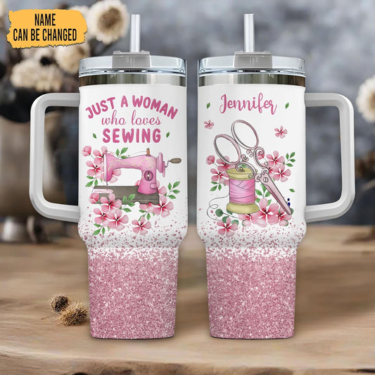 Pink Sewing Tumbler 40oz with Handle & Straw – Personalized Stainless Steel Insulated Travel Cup with Lid – Creative Gift for Sewing Lovers