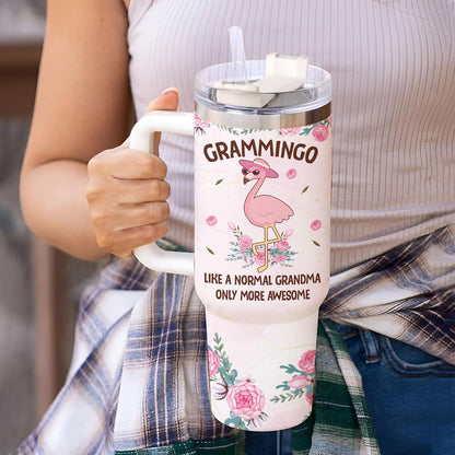Grammingo Flamingo Grandma Tumbler 40oz with Handle & Straw – Personalized Stainless Steel Insulated Cup with Lid – Fun Gift for Grandma