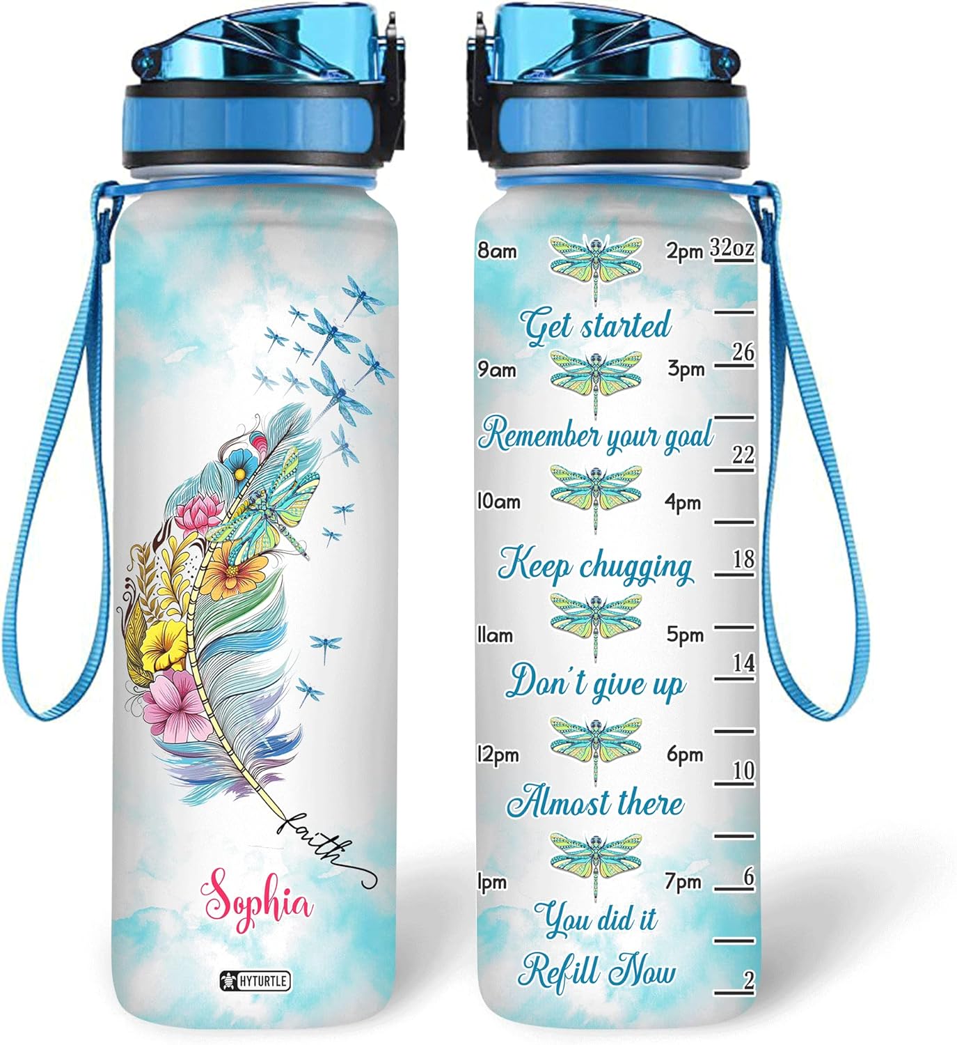 Floral Dragonfly Feather - Personalized Water Tracker Bottle 32oz
