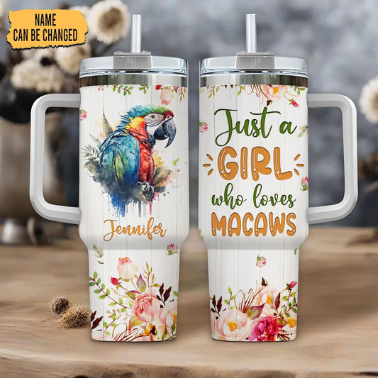Macaw Tumbler 40oz with Handle & Straw – Personalized Stainless Steel Insulated Travel Cup with Lid – Artistic Gift for Parrot Lovers