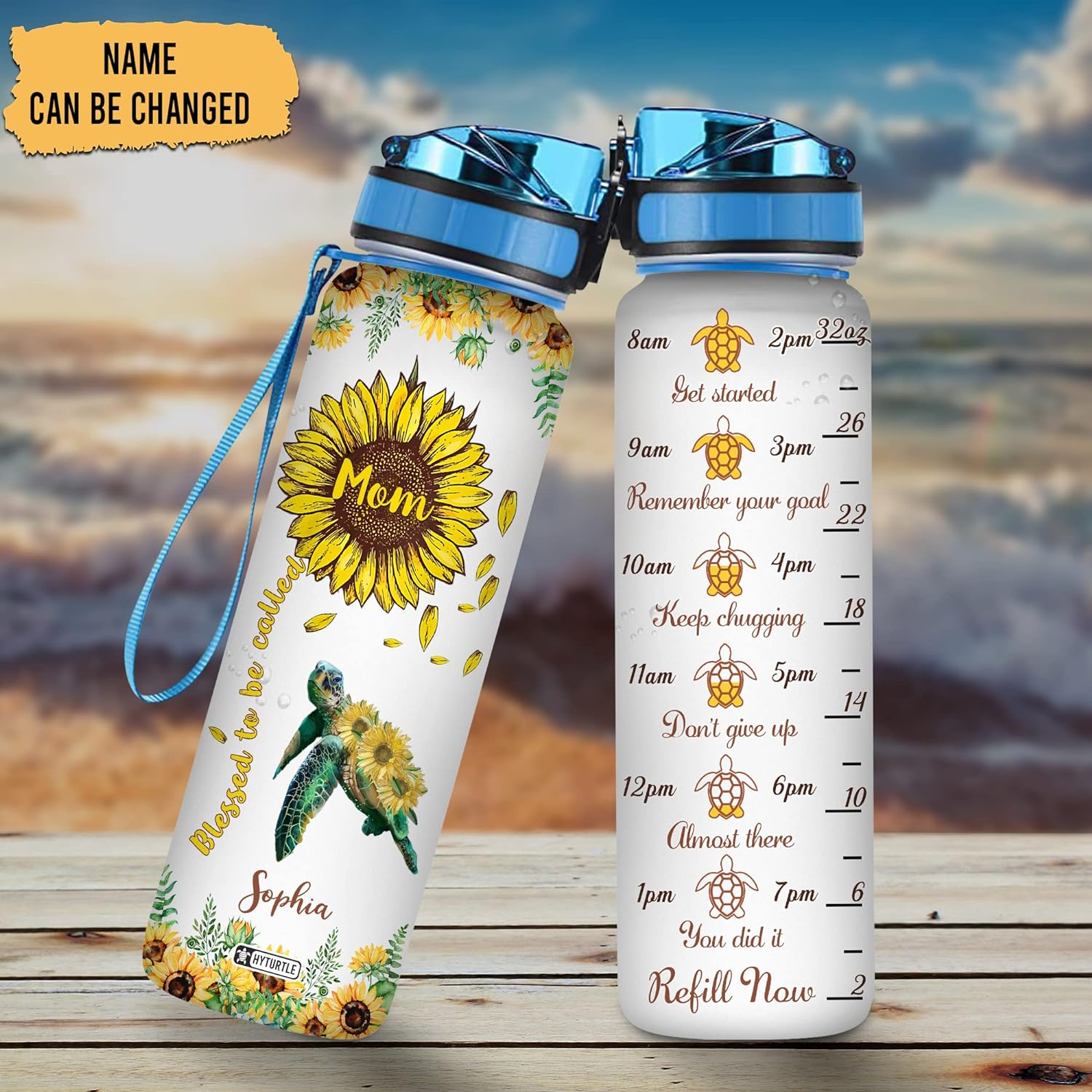 Blessed To Be Called Turtle Sunflower - Personalized Water Tracker Bottle 32oz