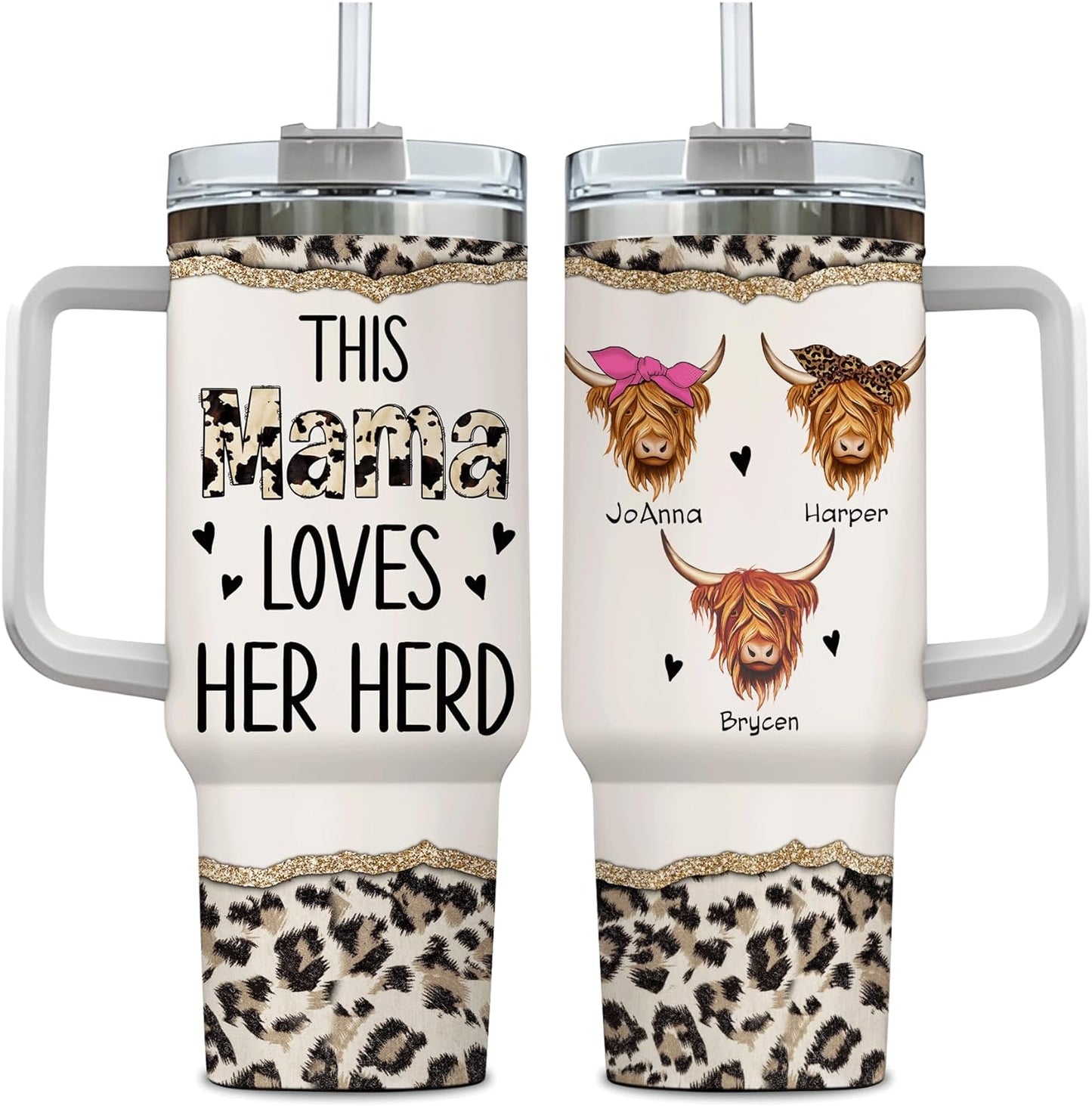 Highland Cow Mama Tumbler 40oz – Personalized Stainless Steel Travel Cup with Handle & Straw, Insulated & Leak-Proof – Creative Farm Animal Gift for Mom
