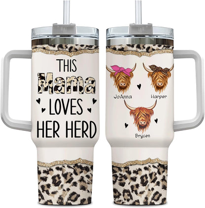 Highland Cow Mama Tumbler 40oz – Personalized Stainless Steel Travel Cup with Handle & Straw, Insulated & Leak-Proof – Creative Farm Animal Gift for Mom