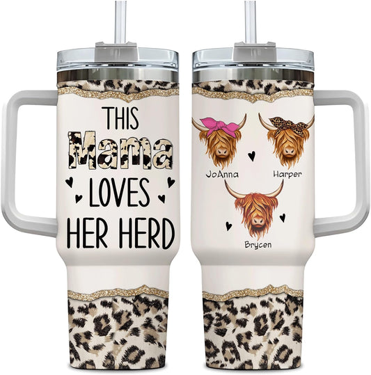 Highland Cow Mama Tumbler 40oz – Personalized Stainless Steel Travel Cup with Handle & Straw, Insulated & Leak-Proof – Creative Farm Animal Gift for Mom