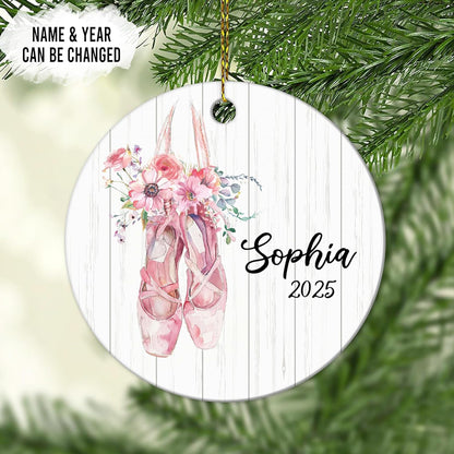 Ballet Pointe Shoes with Florals Ceramic Ornament – Personalized Name, Custom Christmas Gift for Ballerina Girl, Dance Student or Teacher