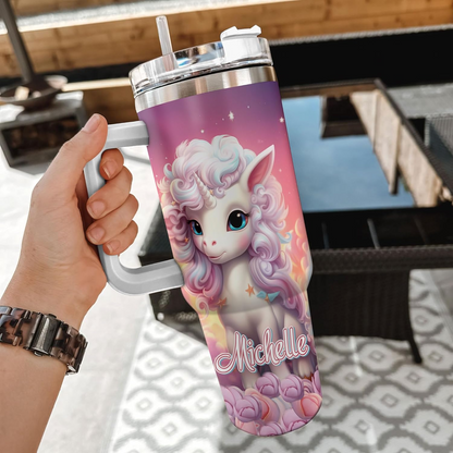 Sparkling Unicorn Tumbler 40oz with Handle & Straw – Personalized Stainless Steel Cup with Lid – Cute Fantasy Gift for Girls & Women
