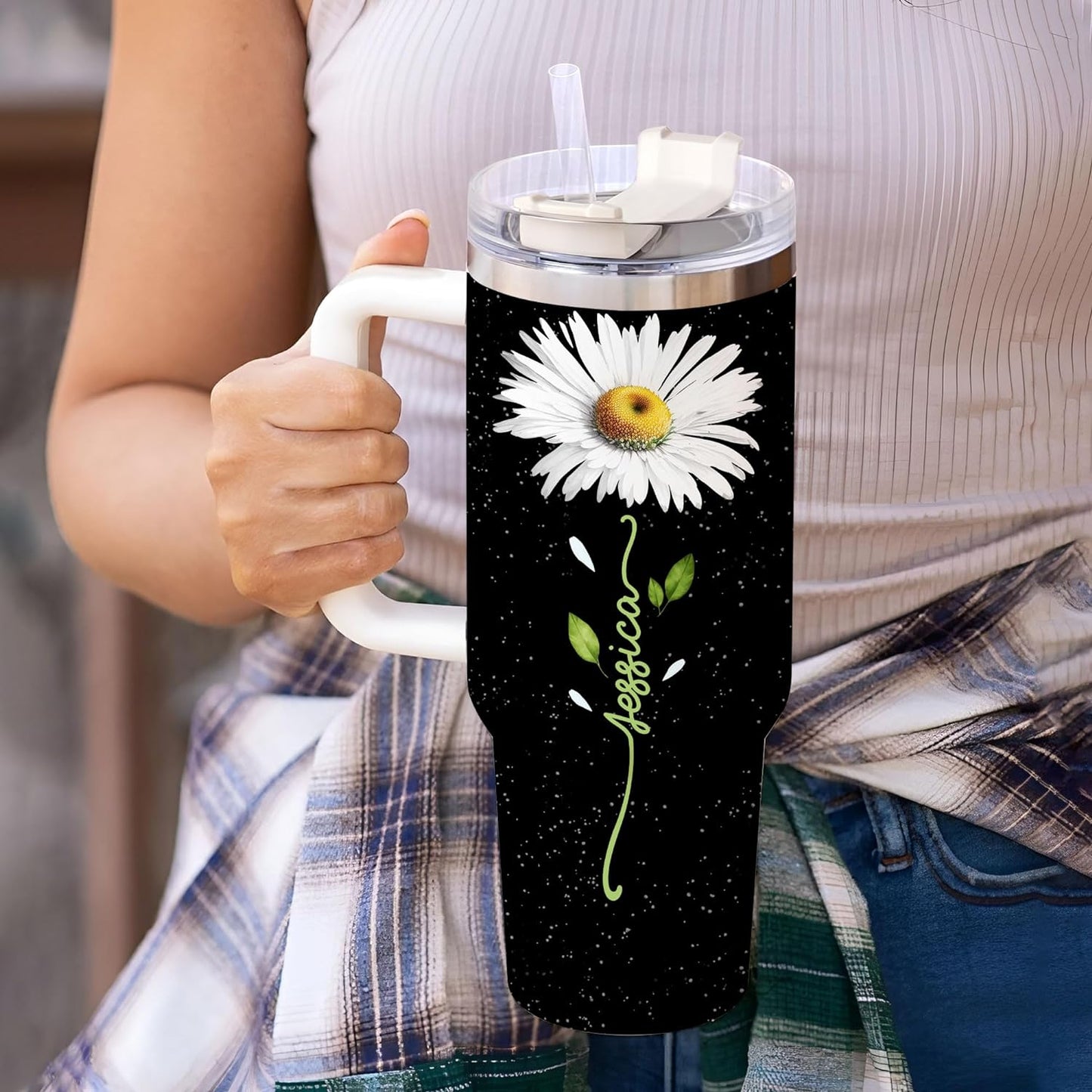 Daisy Flower Tumbler 40oz with Handle & Straw – Personalized Stainless Steel Insulated Travel Cup with Lid – Stylish Floral Gift for Women
