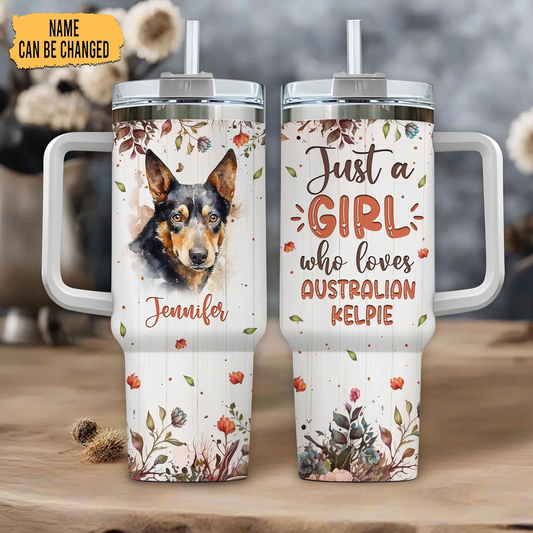 Australian Kelpie Lover Tumbler 40oz with Handle & Straw – Personalized Stainless Steel Insulated Cup – Unique Gift for Dog Moms