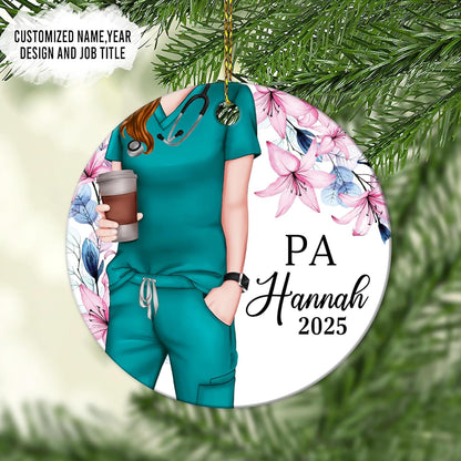Physician Assistant Scrubs with Florals Ceramic Circle Ornament – Personalized Christmas Gift for PA Student, Grad or Healthcare Hero
