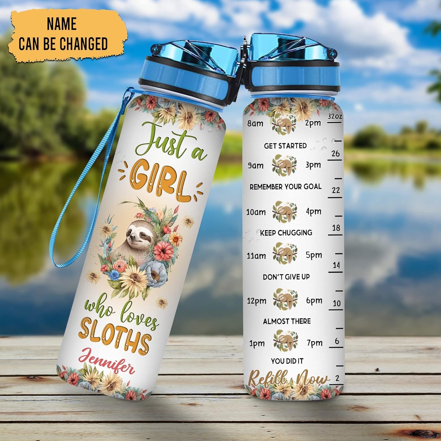 Sloth “Just A Girl Who Loves Sloths” Water Bottle Tracker 32oz – Personalized Motivational Hydration Bottle with Time Marker – Cute Gift for Sloth Lovers