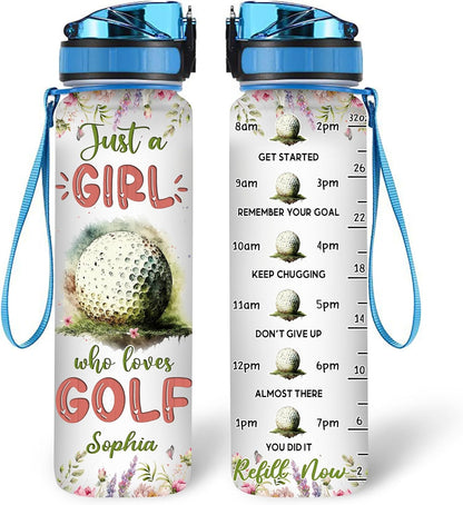 Golf Lovers Water Bottle Tracker 32oz – Personalized Motivational Hydration Bottle with Time Marker – Sporty Gift for Women on Birthday, Christmas