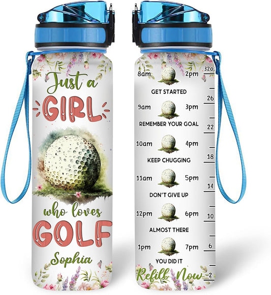 Golf Lovers Water Bottle Tracker 32oz – Personalized Motivational Hydration Bottle with Time Marker – Sporty Gift for Women on Birthday, Christmas