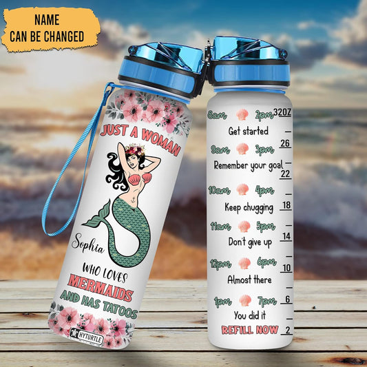 Mermaid Tattoo Theme Water Bottle Tracker 32oz – Personalized Hydration Bottle with Time Marker – Creative Gift for Mermaid Lovers