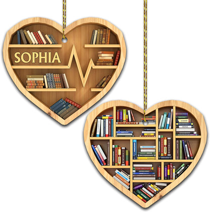 Bookshelf Heartbeat Wood Ornament – Personalized Christmas Gift for Teacher, Librarian, or Book Lover
