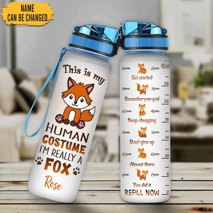 Cute Fox Costume Water Bottle Tracker 32oz – Personalized Motivational Bottle with Time Marker – Funny Unique Gift for Fox Lovers