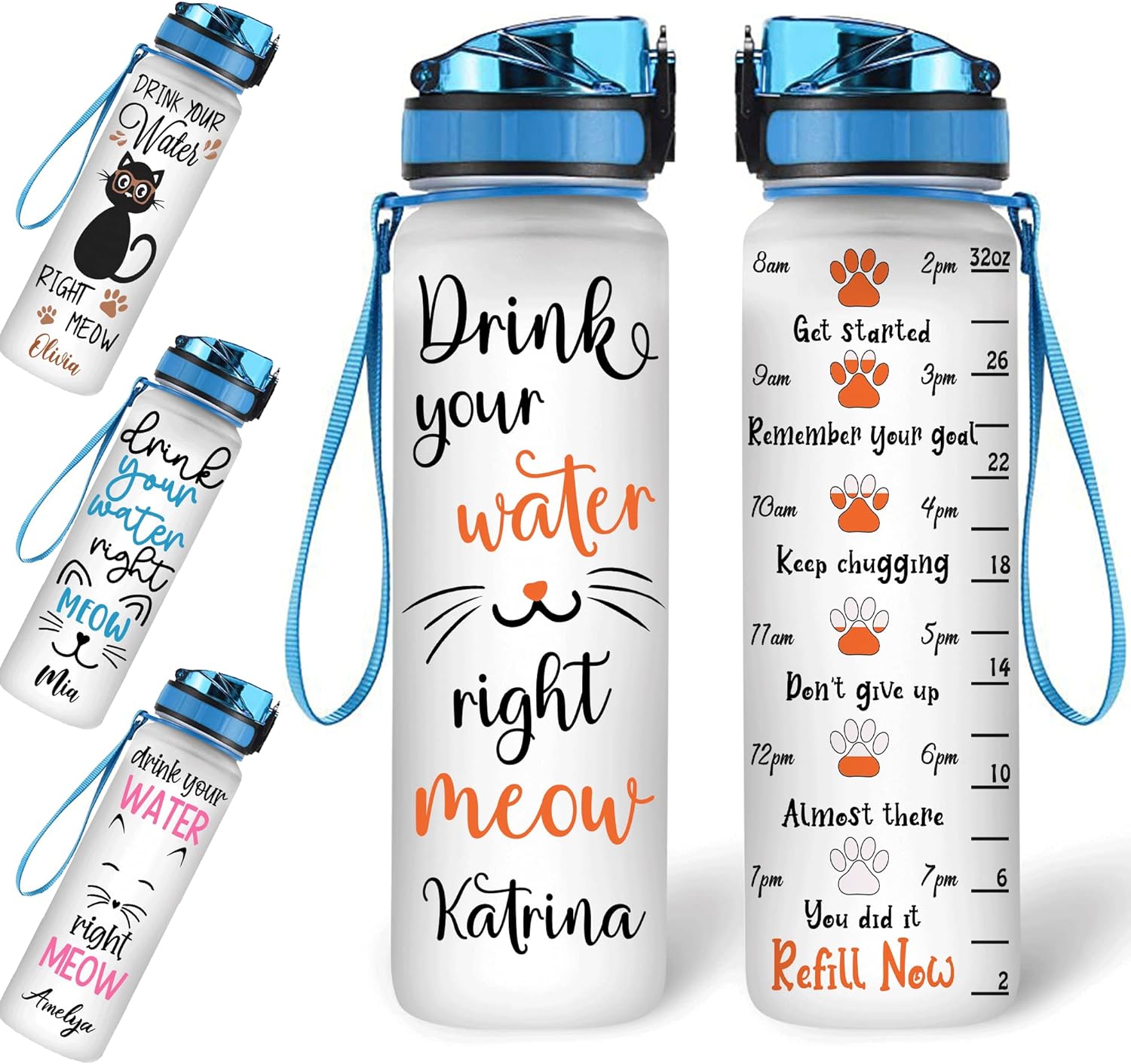 Drink Your Water Right Meow - Personalized Water Tracker Bottle 32oz