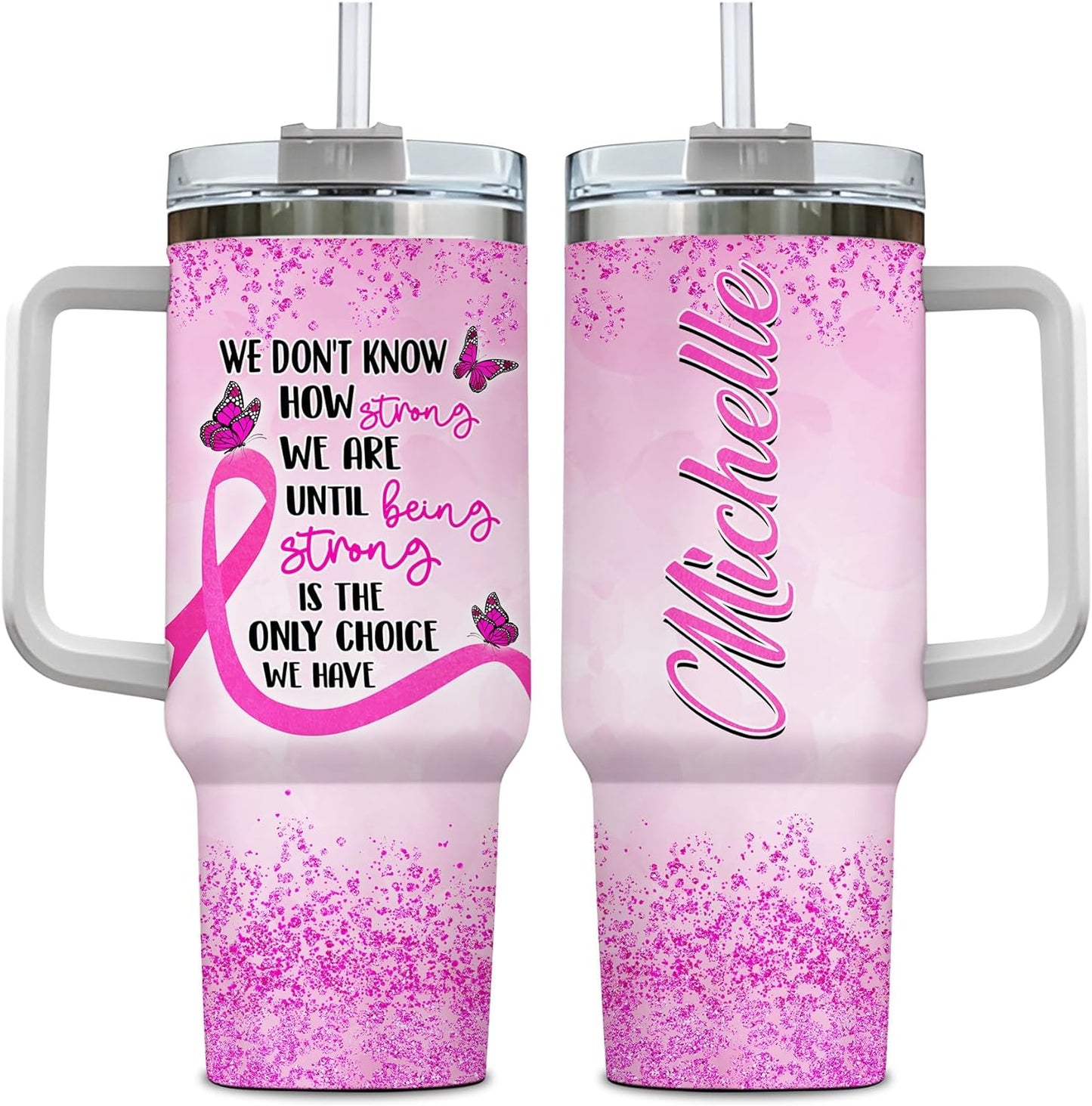 Pink Ribbon Awareness Tumbler 40oz with Handle & Straw – Personalized Stainless Steel Insulated Travel Cup with Lid – Inspirational Gift for Women