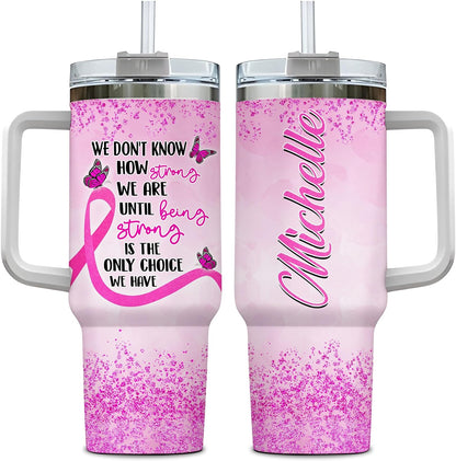 Pink Ribbon Awareness Tumbler 40oz with Handle & Straw – Personalized Stainless Steel Insulated Travel Cup with Lid – Inspirational Gift for Women