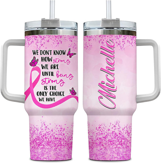 Pink Ribbon Awareness Tumbler 40oz with Handle & Straw – Personalized Stainless Steel Insulated Travel Cup with Lid – Inspirational Gift for Women