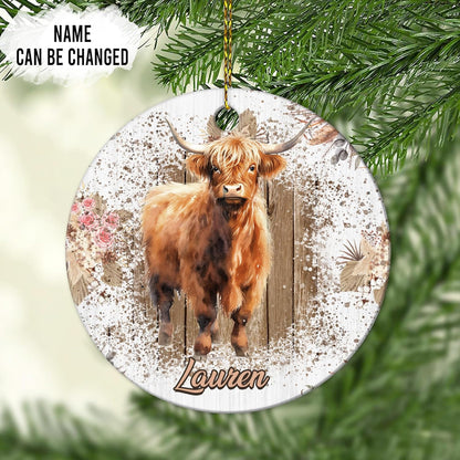 Highland Cow Floral Rustic Ceramic Ornament – Personalized Custom Name Circle Keepsake, Christmas or Birthday Gift for Highland Cow Lover Women
