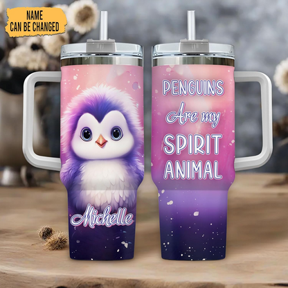 Penguin Lover Tumbler 40oz with Handle & Straw – Personalized Stainless Steel Insulated Travel Cup with Lid – Cute Birthday & Christmas Gift for Animal Lovers