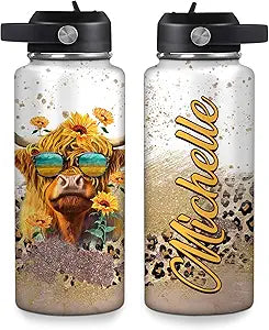Sunflower Highland Cow Travel Insulated Stainless Steel Bottle with Leak-Proof Lid 32oz - Personalized Gift for Cow Lovers