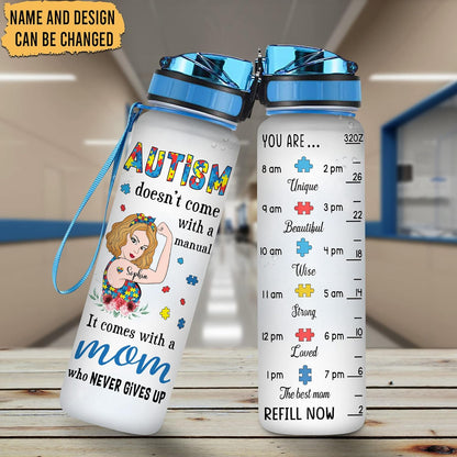 Autism Awareness Mom Water Bottle Tracker 32oz – Personalized BPA-Free Motivational Bottle with Time Marker – Unique Gift for Strong Moms