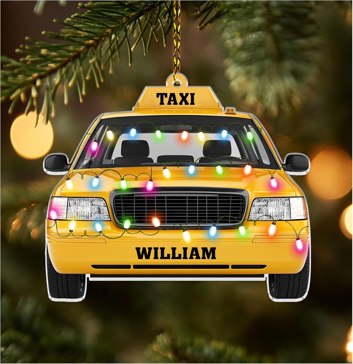 Taxi cab with festive lights cut acrylic ornament – personalized 2D flat silhouette, custom name Christmas keepsake gift for taxi driver appreciation or retirement