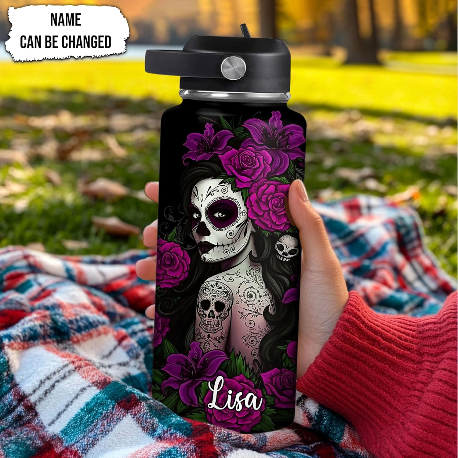Sugar Skull Water Bottle 32oz – Travel Insulated Stainless Steel Bottle with Leak-Proof Lid – Gothic Roses Day of the Dead Gift