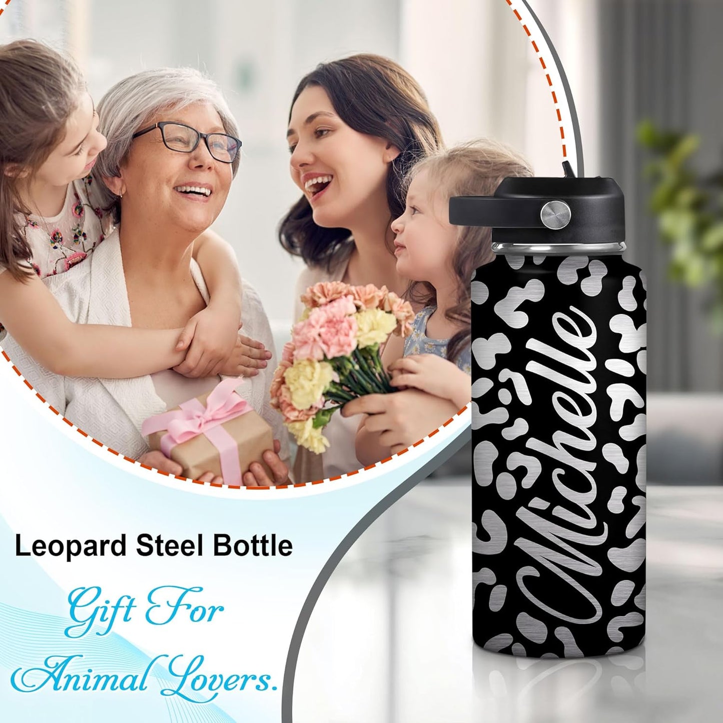 Silver Leopard Print Water Bottle 32oz – Personalized Stainless Steel Insulated Bottle with Leak-Proof Lid – Stylish Gift for Animal Print Lovers