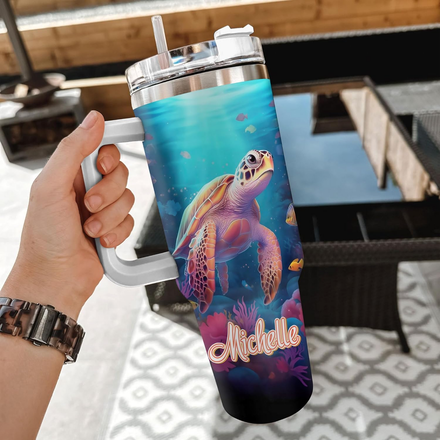 Sea Turtle Lover Tumbler 40oz with Handle & Straw – Personalized Stainless Steel Cup with Lid – Unique Gift for Ocean & Animal Lovers