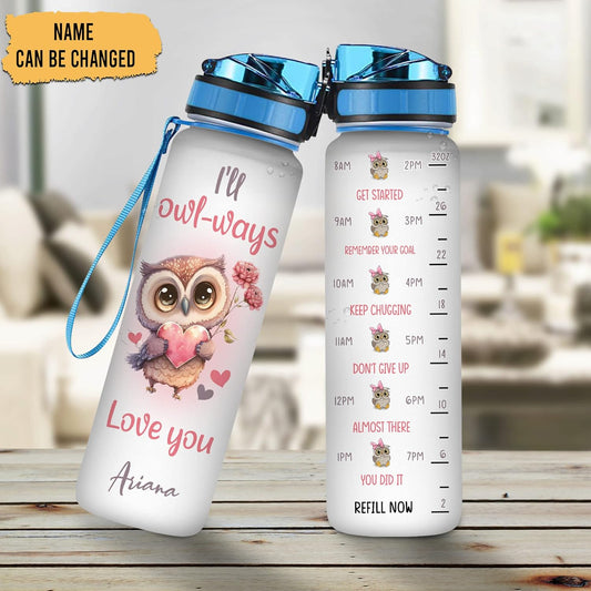Cute Owl Love Water Bottle Tracker 32oz – Personalized Motivational Water Bottle with Time Marker – Adorable Gift for Owl Lovers