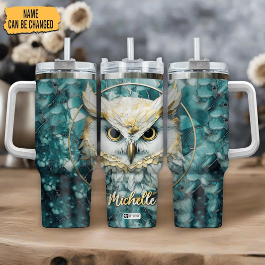 Golden Owl Marble Tumbler 40oz with Handle & Straw – Personalized Stainless Steel Travel Cup with Lid – Stylish Gift for Owl Lovers