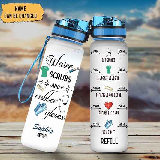 Nurse Scrubs & Gloves Water Bottle Tracker 32oz – Personalized Appreciation Gift for Nurses & Coworkers