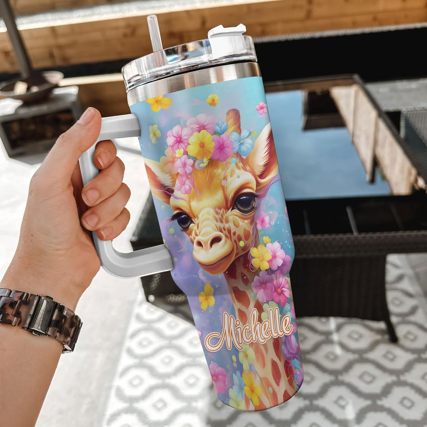 Giraffe Lover Tumbler 40oz with Handle & Straw – Personalized Stainless Steel Insulated Travel Cup with Lid – Cute Birthday Gift for Animal Lovers