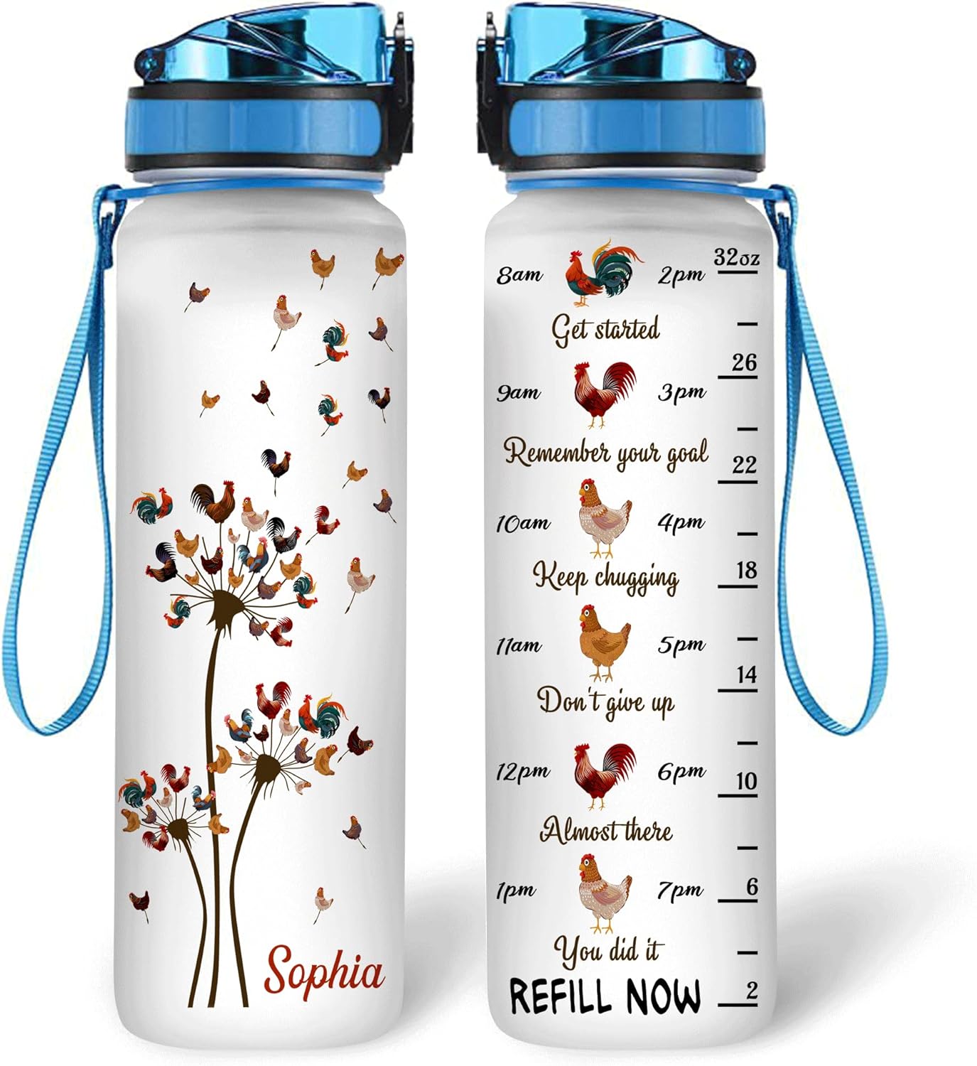 Chicken Dandelion Water Bottle Tracker 32oz – Personalized Motivational Bottle with Time Marker – Farm Animal Gift for Women