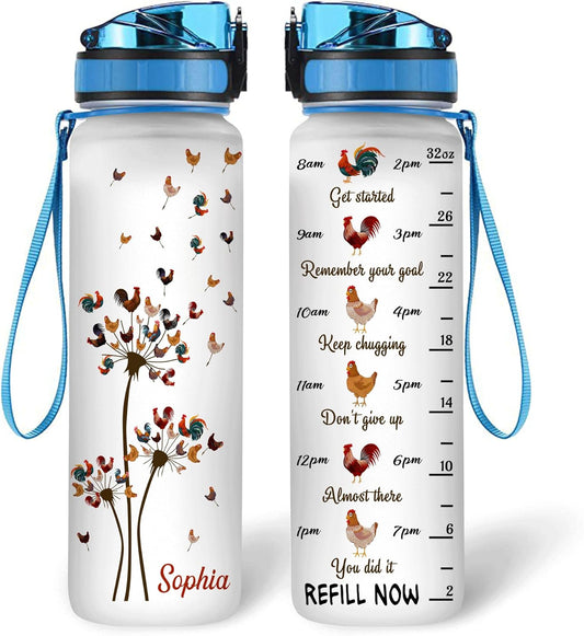 Chicken Dandelion Water Bottle Tracker 32oz – Personalized Motivational Bottle with Time Marker – Farm Animal Gift for Women