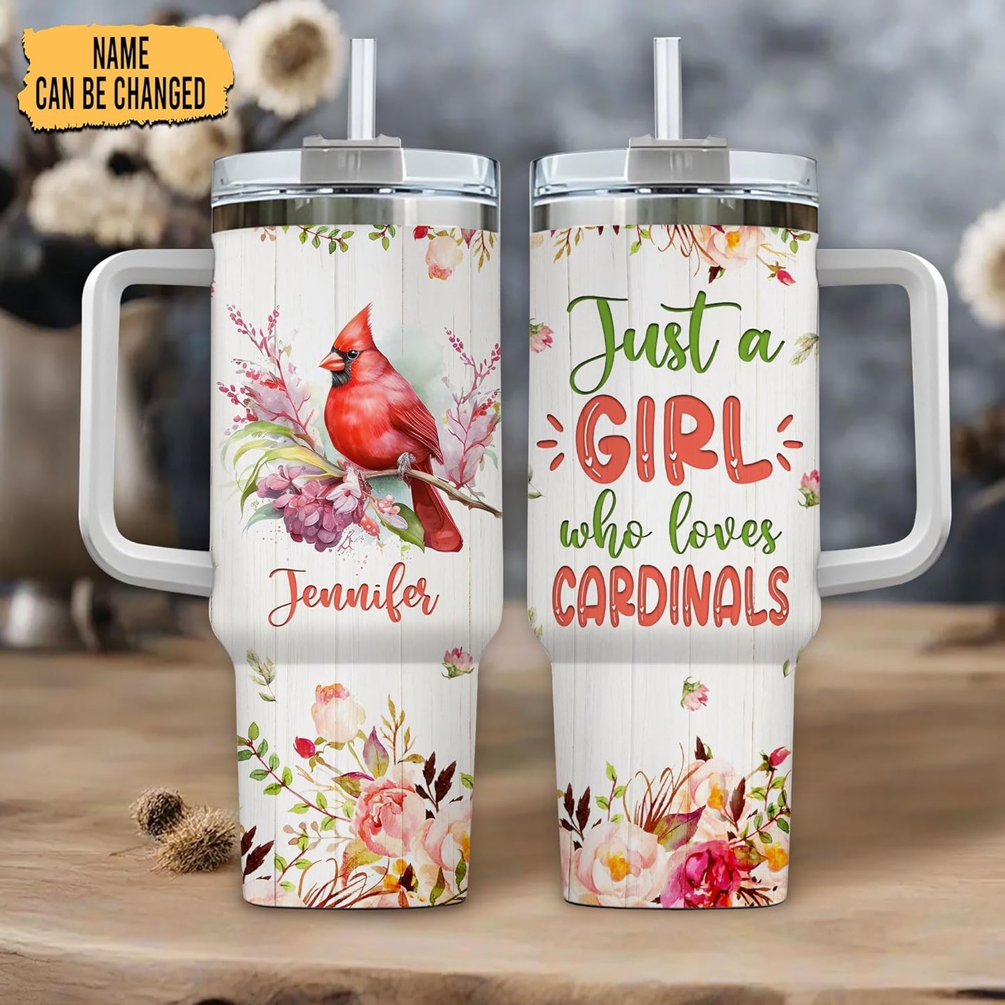 Cardinal Lover Tumbler 40oz with Handle & Straw – Personalized Stainless Steel Travel Cup with Lid – Bright Gift for Bird Enthusiasts