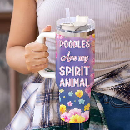 Poodle Spirit Animal Tumbler 40oz – Personalized Stainless Steel Travel Cup with Handle & Straw – Cute Gift for Dog Moms & Pet Lovers