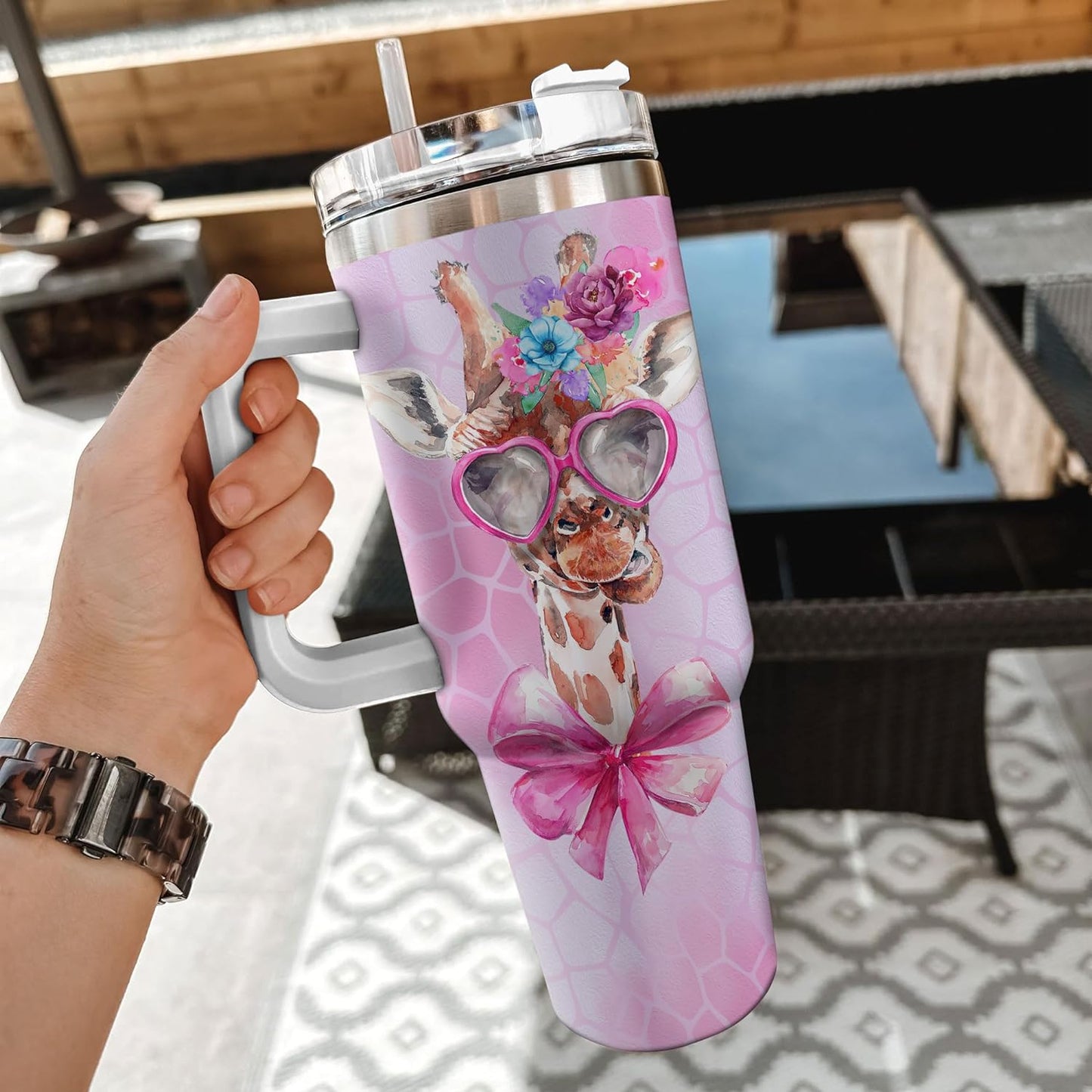 Cute Giraffe Tumbler 40oz – Personalized Stainless Steel Insulated Travel Cup with Handle & Straw – Stylish Gift for Giraffe Lovers