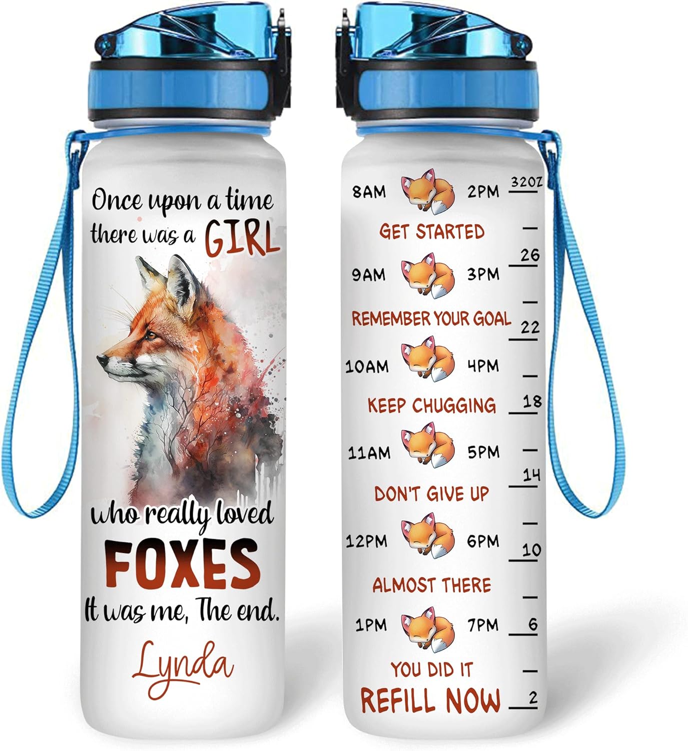 Once Upon a Time Fox Water Bottle Tracker 32oz – Personalized Gift for Women & Fox Lovers