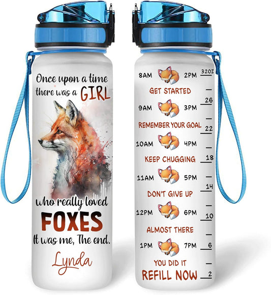 Once Upon a Time Fox Water Bottle Tracker 32oz – Personalized Gift for Women & Fox Lovers